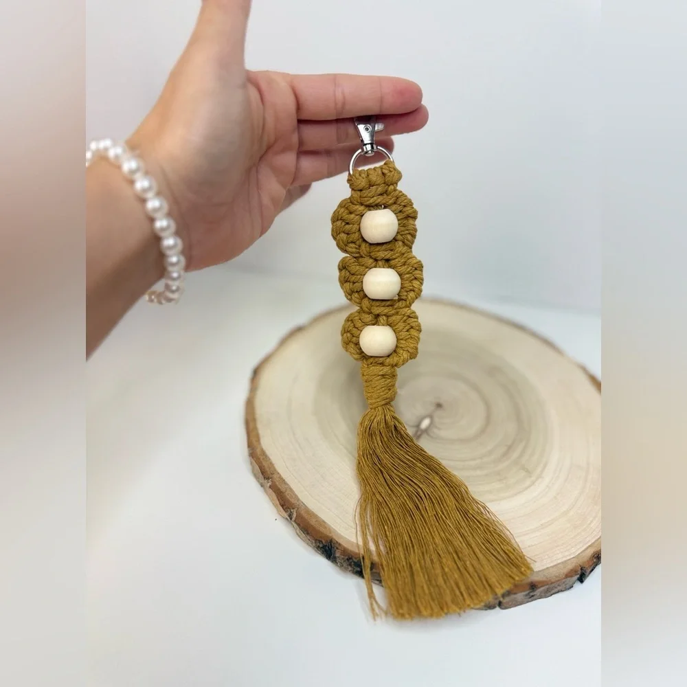 Macrame Handcrafted Floral with Wooden Bead Boho Keychain